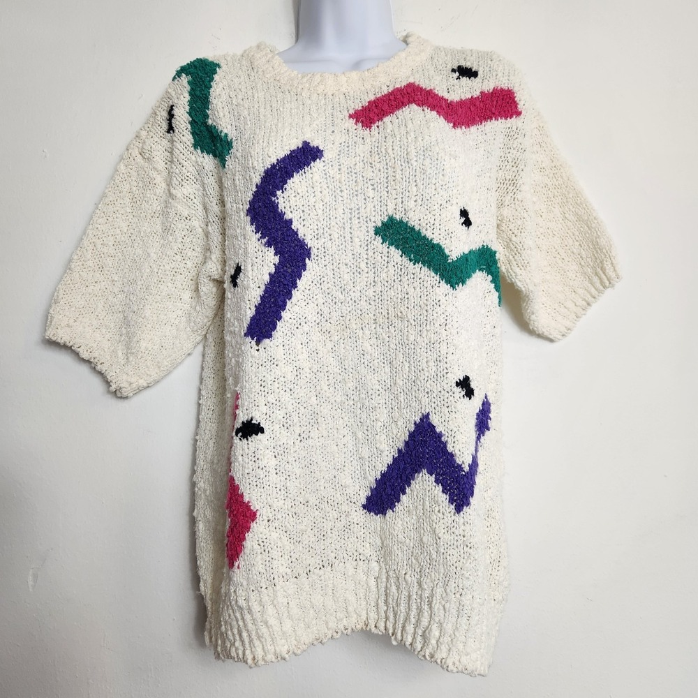 Vintage 80s 90s Perspective Popcorn Sweater L Korean Art Knit Tunic Abstract Vtg